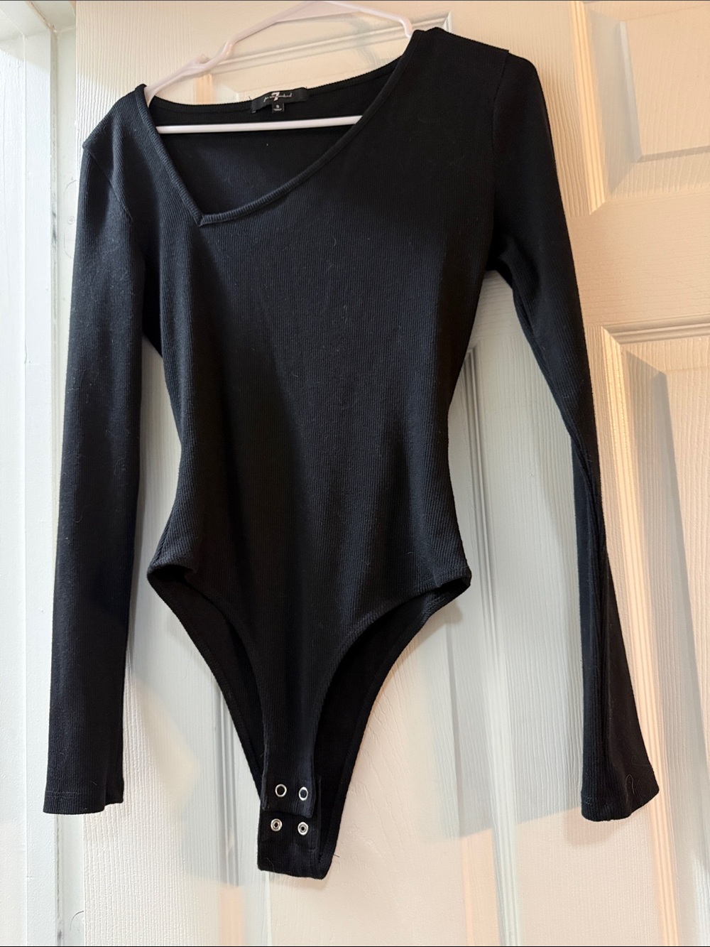 7 For All Mankind Black Ribbed Long Sleeve Asymmetrical Neck Bodysuit Size